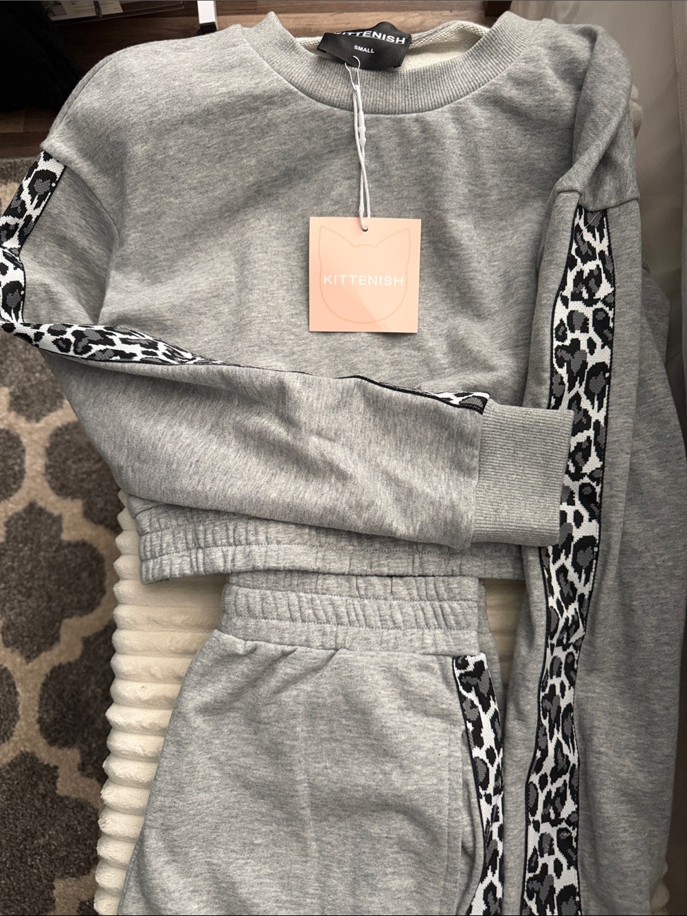 Kittenish Gray Sweatshirt and Jogger Set with Leopard Trim